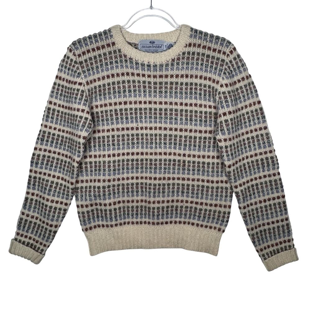 1980s Susan Bristol Shetland Wool Fair Isle Sweater Cream Unisex S- M